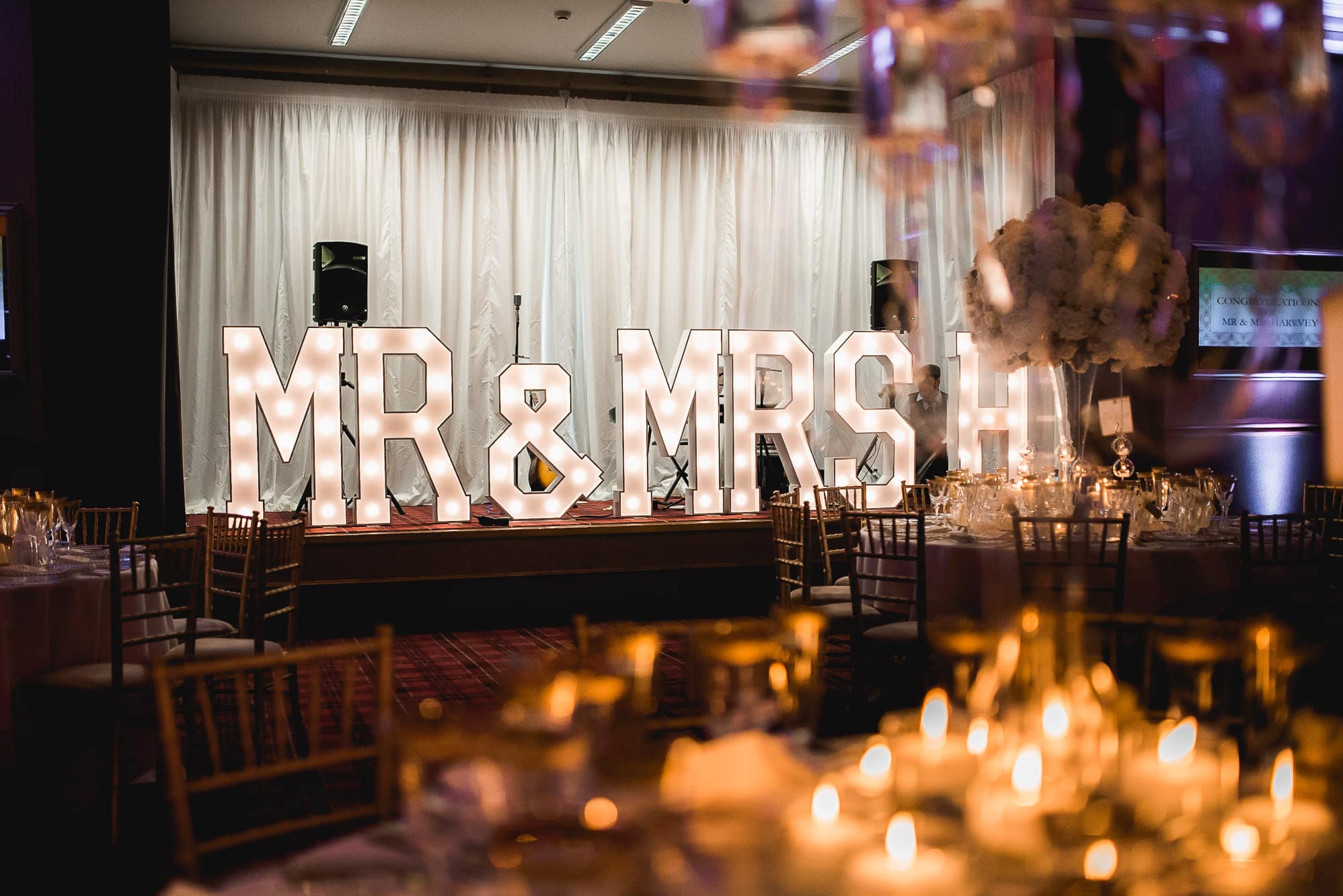 Mr and Mrs sign and red floral boutique flowers