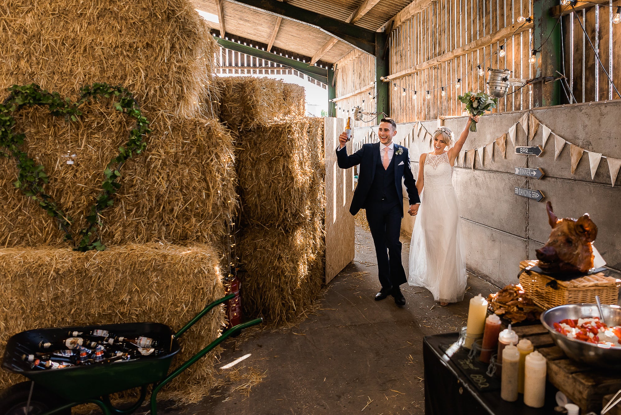 Bride and groom walking in