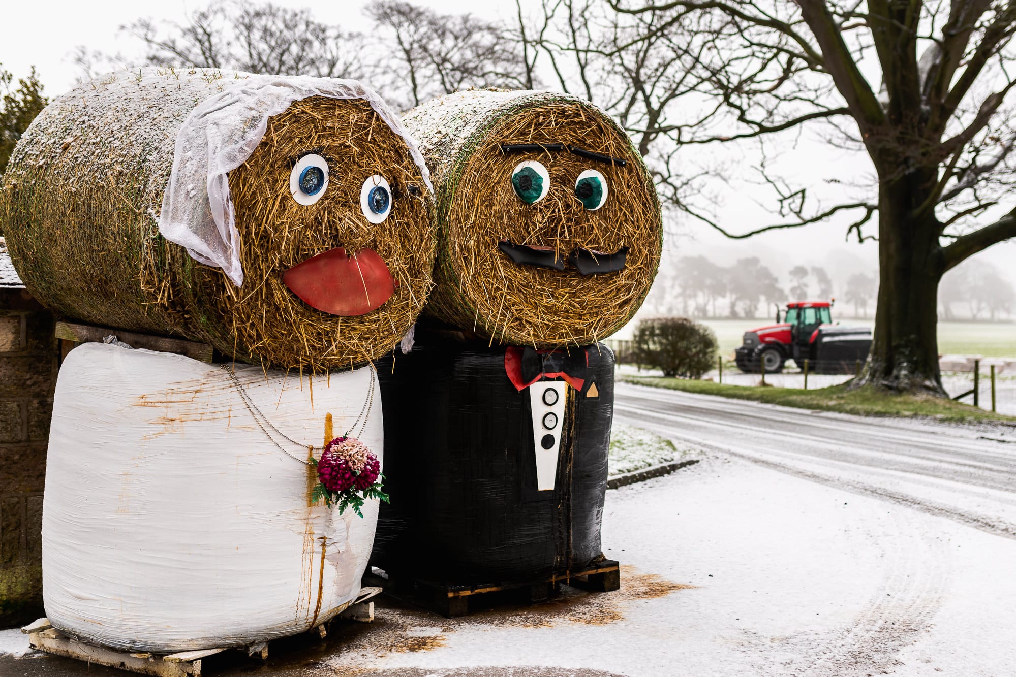 Winter Wedding Photography at Heaton House Farm 1 A photo of the bride and groom hay bales at Heaton House Farm