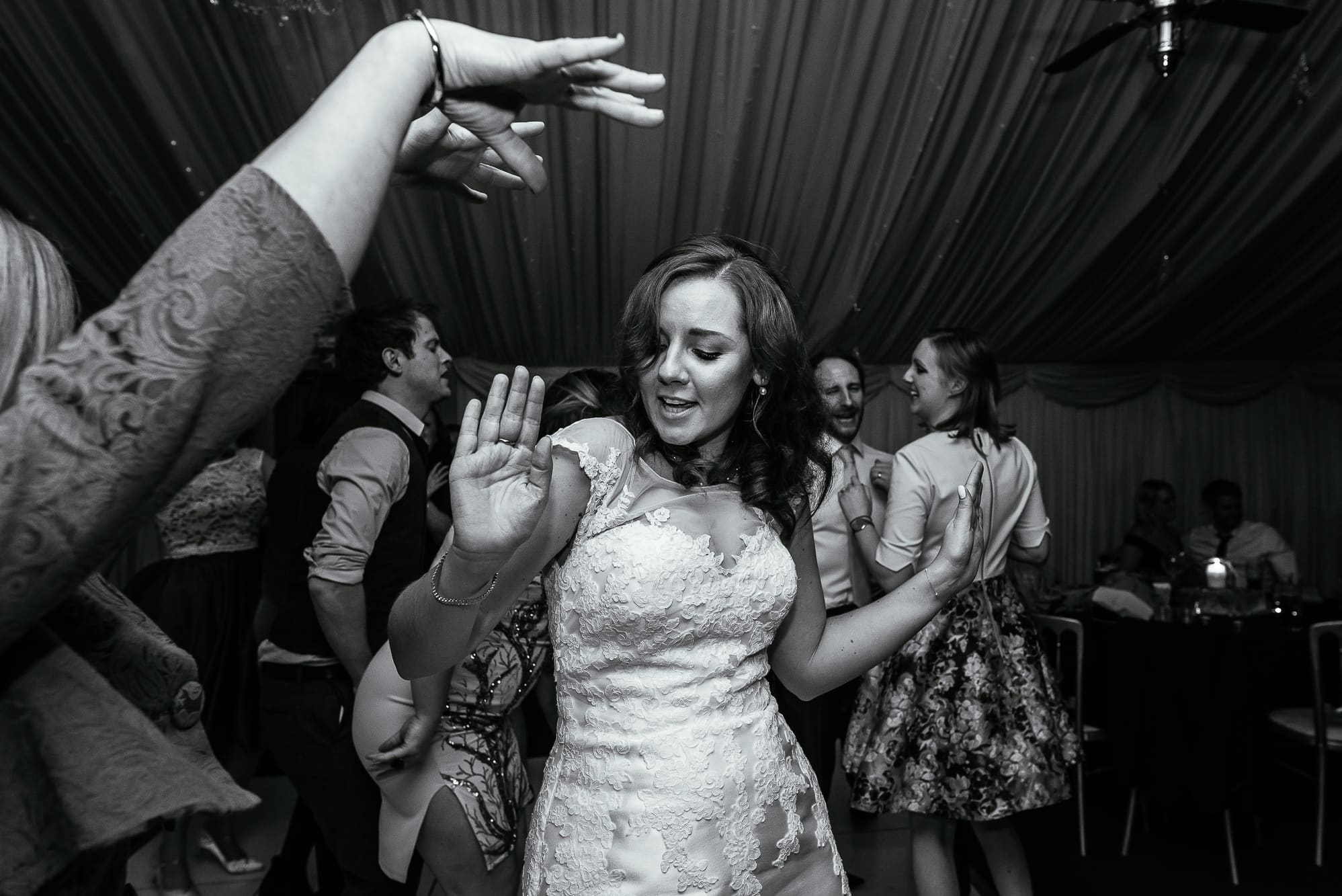 Winter Wedding Photography at Heaton House Farm 49 Bride dancing at Heaton House Farm