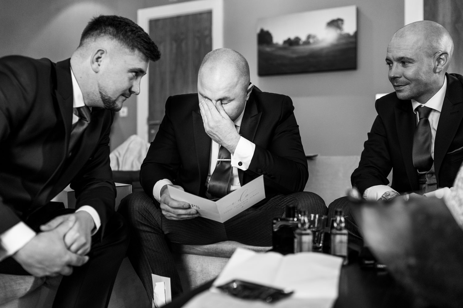 Groom crying in the Mere after getting his gifts from his bride