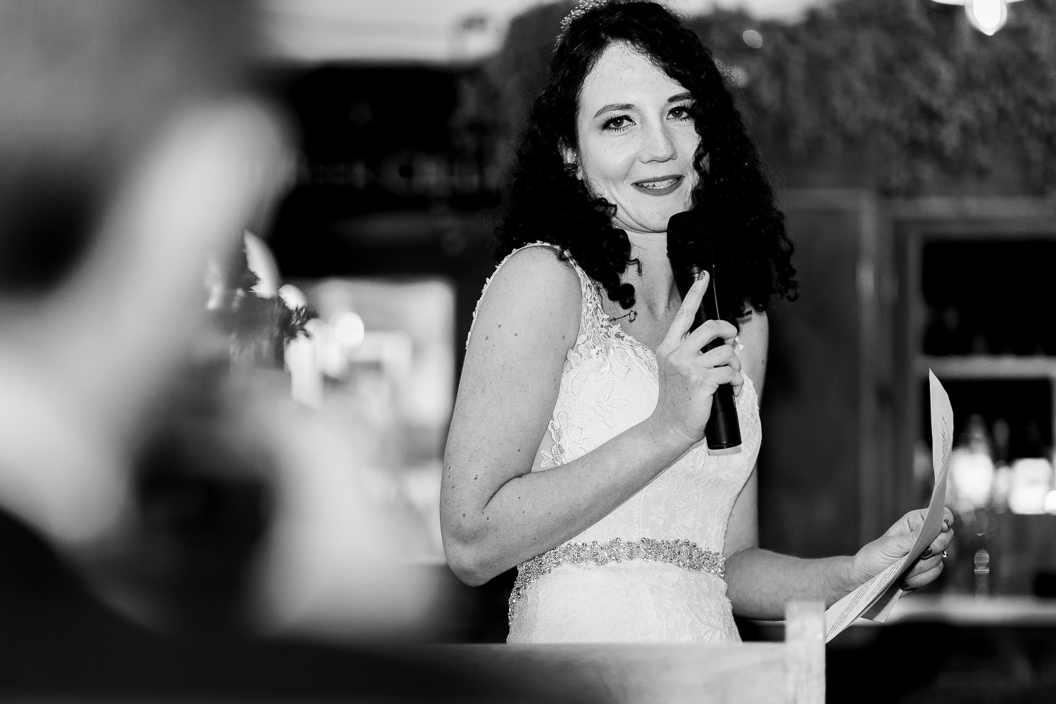 Bride giving a speech at Lancaster brewery
