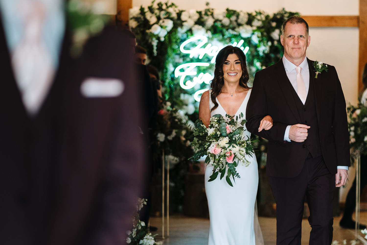 Sandhole Oak Barn Wedding Photography 30 bride and her dad walking down the aisle