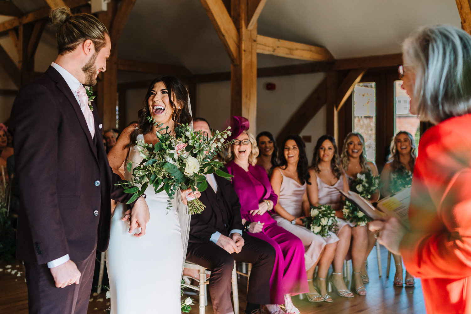 Sandhole Oak Barn Wedding Photography 31 Bride and groom laughing at Sandhole Oak Barn