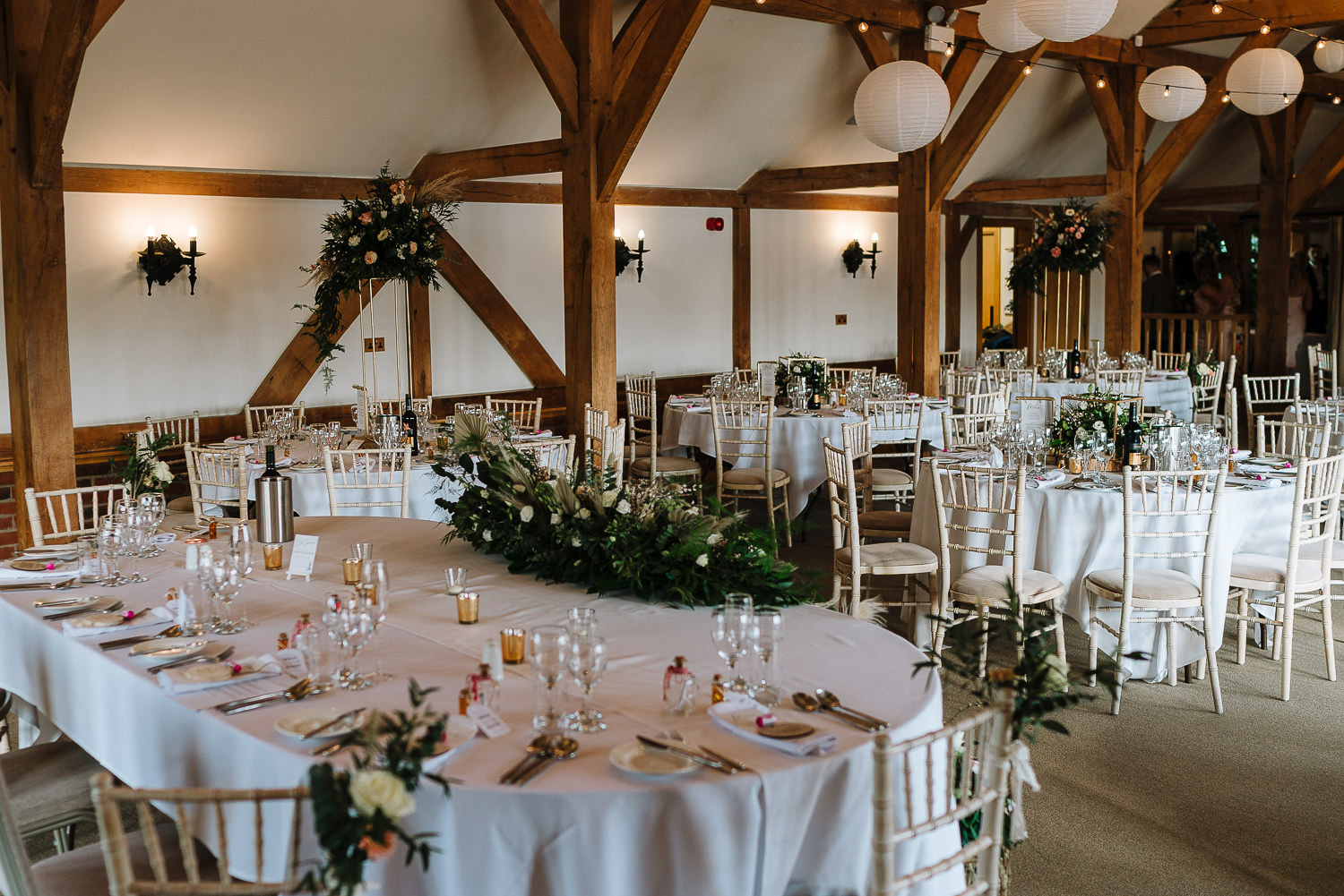 Sandhole Oak Barn Wedding Photography 58 photo of the wedding breakfast room at Sandhole Oak Barn