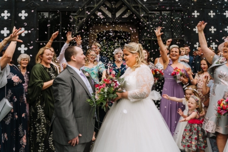 bride and groom confetti photo at Samlesbury Hall
