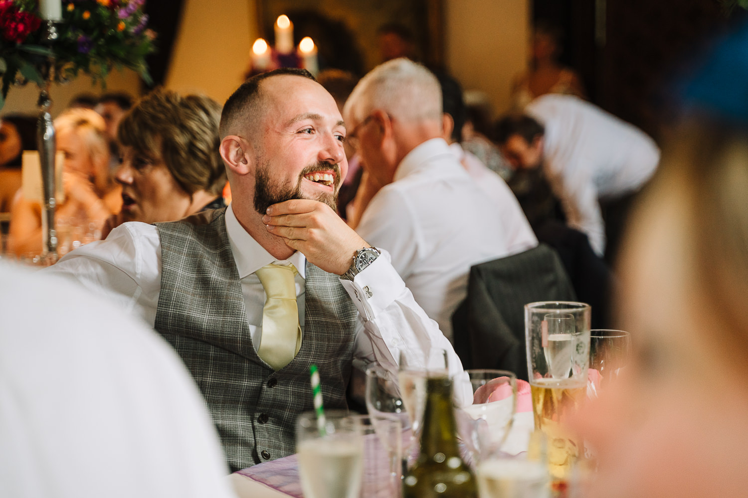 Samlesbury Hall Wedding Photography 22 Wedding guest laughing