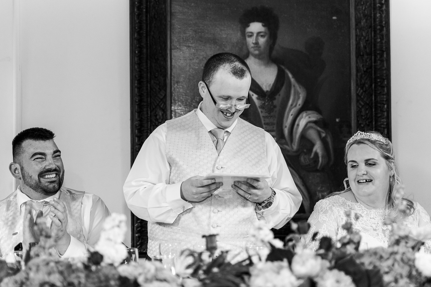 Samlesbury Hall Wedding Photography 24 Grooms speech at Samlesbury Hall