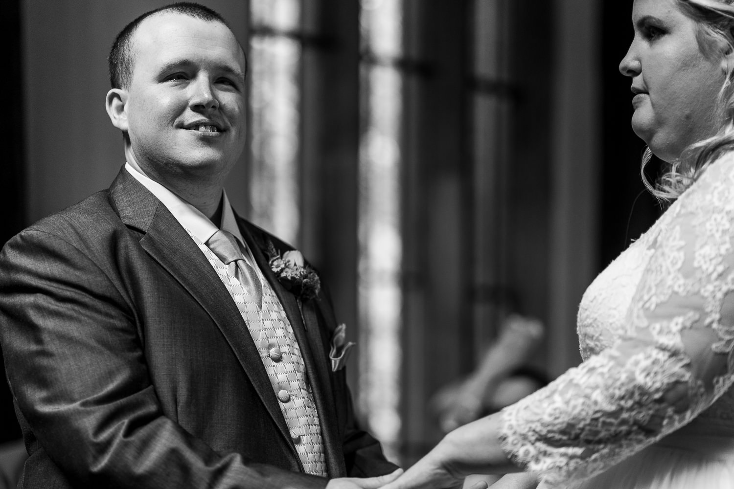 Samlesbury Hall Wedding Photography 7 Groom smiling at the ceremony