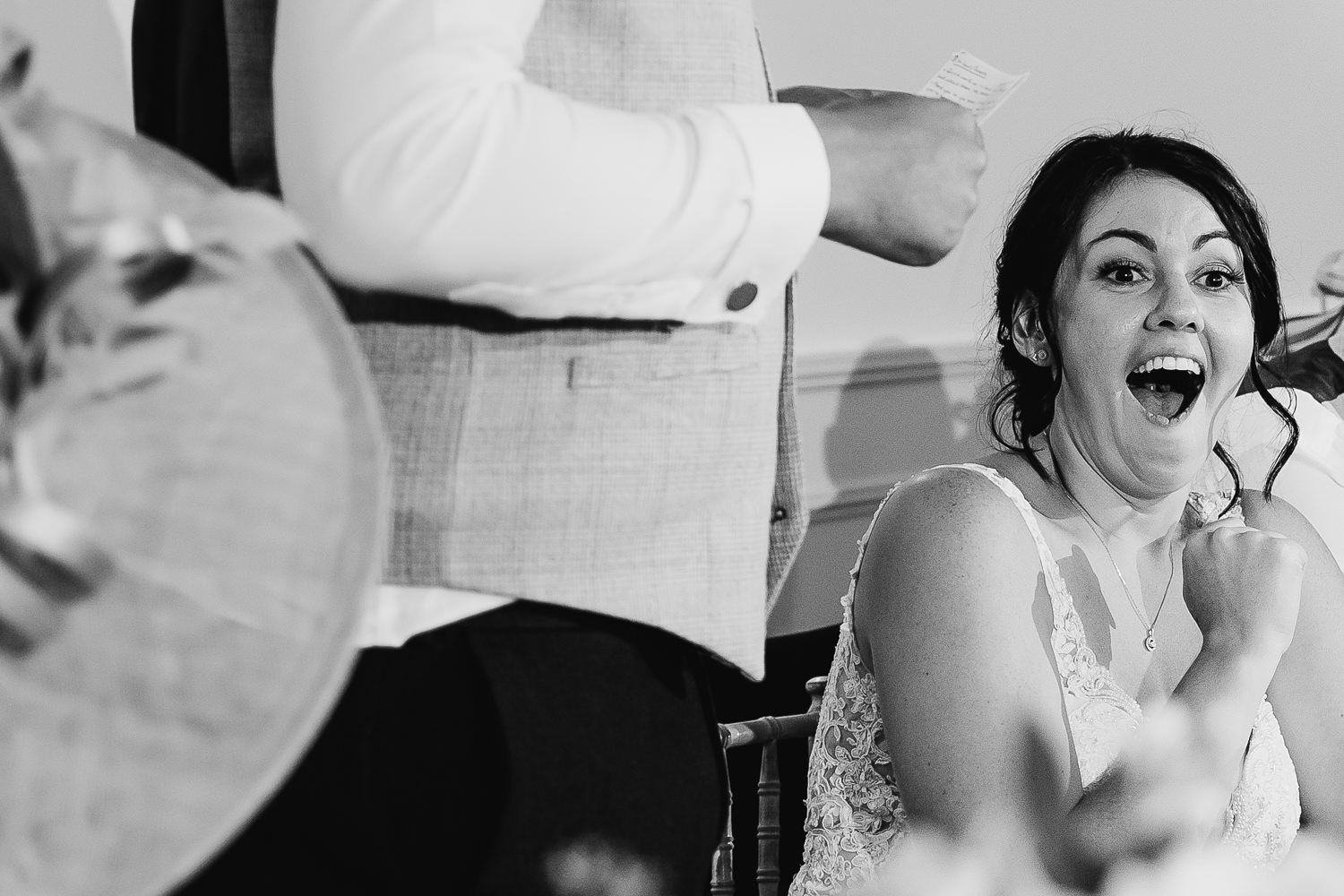 Iscoyd Park Wedding 48 Groom speech and bride laughing