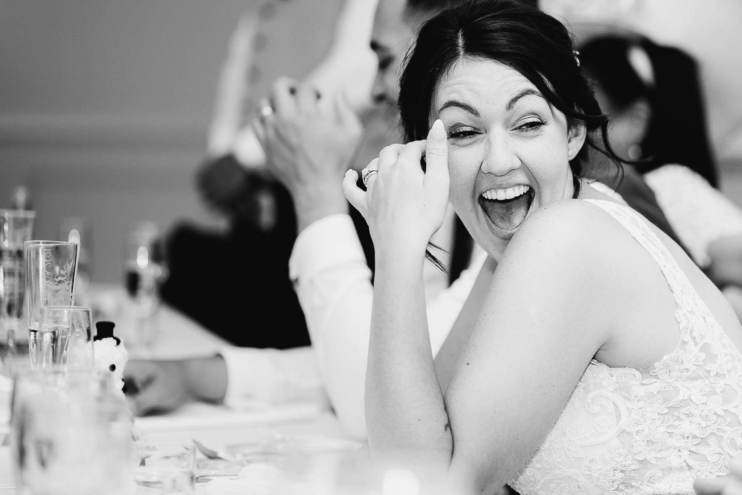 Iscoyd Park Wedding 55 Bride laughing during the speeches