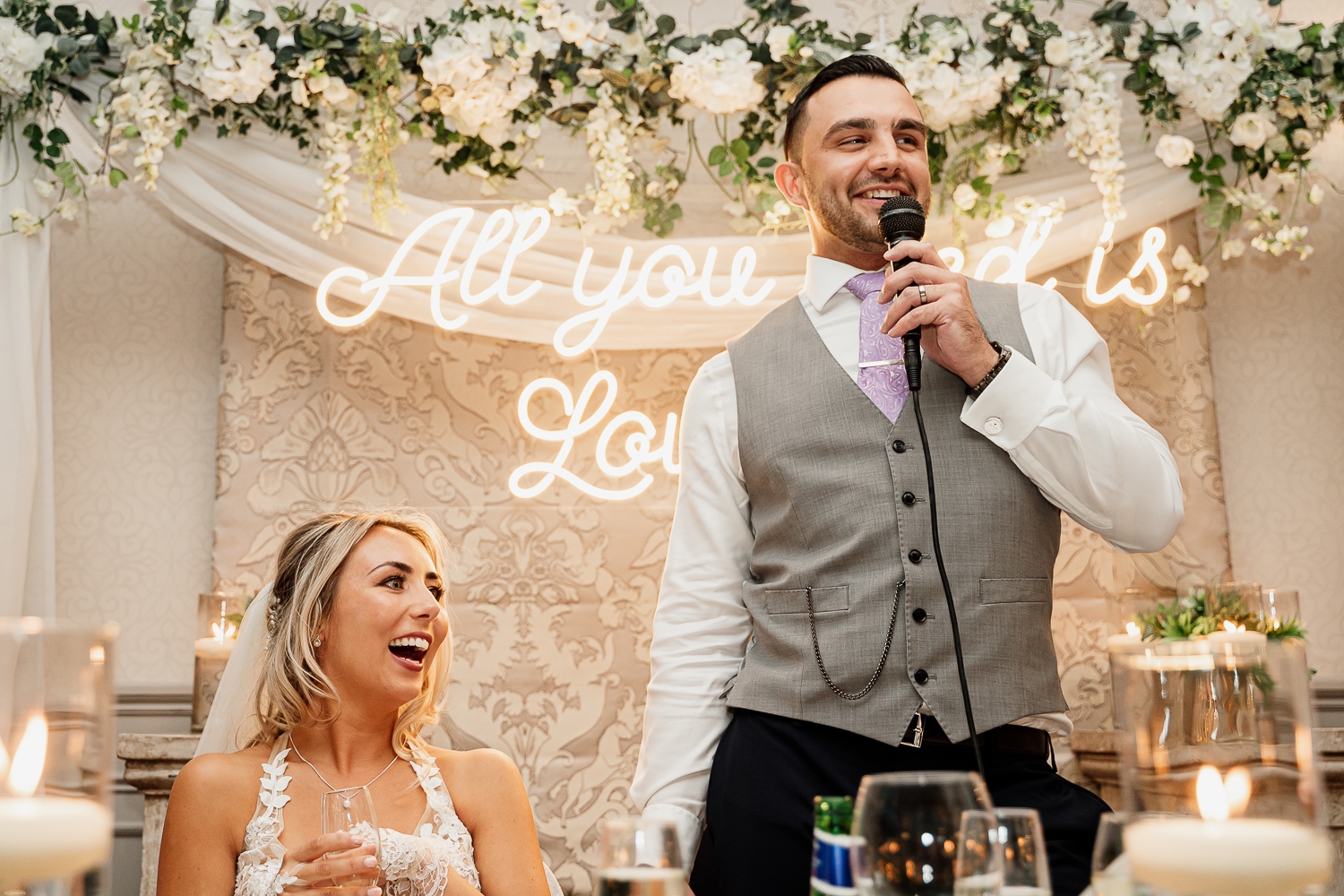Groom speaking next to his bride at Mottram Hall