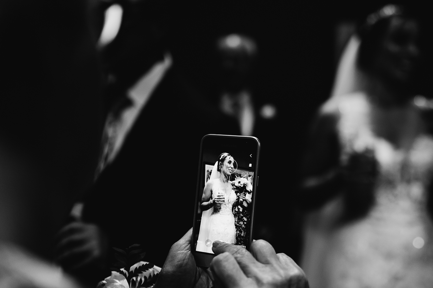 Someone taking a photo of the bride