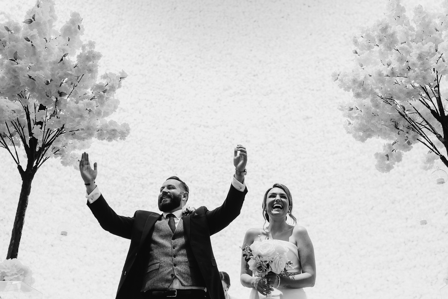 Bride and groom just married celebrating